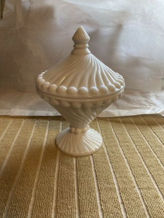 Vintage White Milk Glass Swirled Pattern Pedestal Footed Candy Dish With Lid