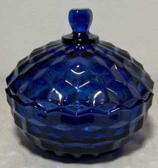 Vintage Indiana Glass Cobalt Blue Covered Candy Dish Whitehall Cubist Pattern