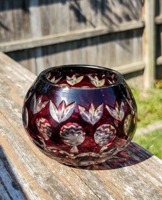 Bohemian Czech Small Glass Rose Bowl Votive Candle Holder Ruby Red Cut To Clear