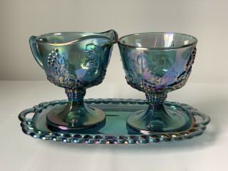 Blue Carnival Glass Sugar And Creamer Set With Tray