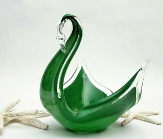 Murano Swan Art Glass Green Clear Hand Blown Trinket Bowl Sculpture Vintage