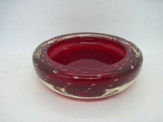 Vintage Heavy Ruby Red Art Glass Bowl - Controlled Bubble