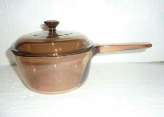 Vintage Corning Vision Ware Pyrex 1.  5 L Amber Glass Pot Sauce Pan With Lid