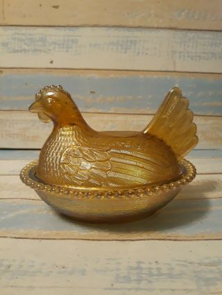 Vtg Carnival Gold/amber Indiana Glass Iridescent Chicken Hen On Nest Candy Dish
