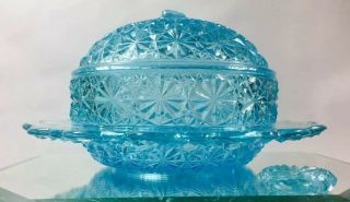 Vintage L.  G.  Wright Blue Glass Daisy & Button Butter Dish - Replacement Bottom