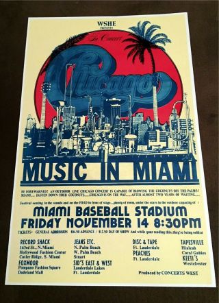 Chicago Concert Poster November 14,  1975 Miami Baseball Stadium Florida Fl