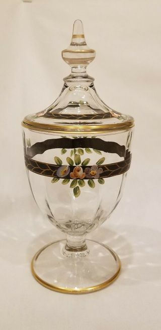 Vintage Clear Glass Apothecary Candy Jar Painted Pink Black Floral Gold