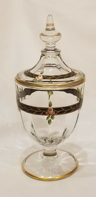 Vintage Clear Glass Apothecary Candy Jar Painted Pink Black Floral Gold 2