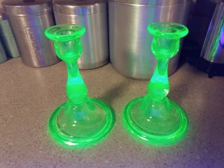 Vintage Pair Green Depression Uranium Glass Tall Candlesticks 6 1/2 " Vaseline