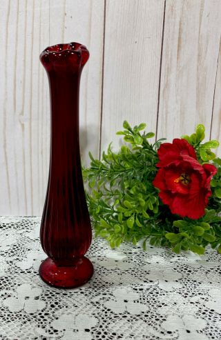 Vintage Ruby Red Glass Swung Bud Vase Footed Pedestal Old Virginia Fenton