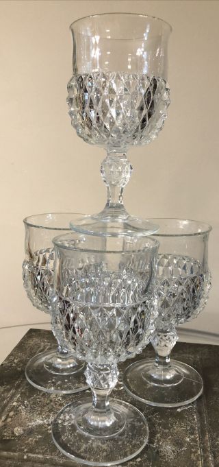 Vintage Set Of 4 Indiana Glass Diamond Point Clear Wine Water Goblets 6.  5”