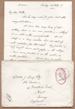Rfc Entire 1917 Royal Flying Corps Pilot Letter Father Pmks Fpo H8 Censor 1072