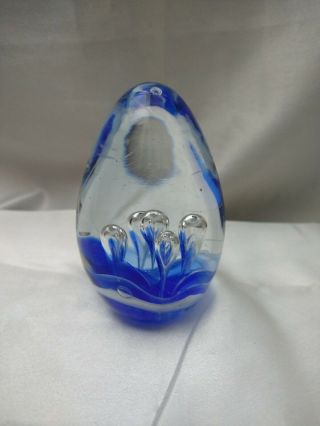Vintage Murano Art Glass Controlled Bubbles Clear And Blue Glass Egg