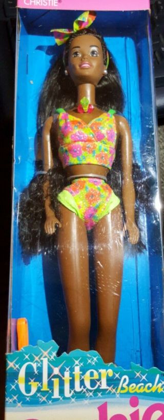 Htf Vintage 1992 Glitter Beach Barbie African American Christie Doll Rare