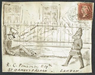 1875 1d Red Hand Drawn Front Drunk Man In Street With Police Marlborough - London
