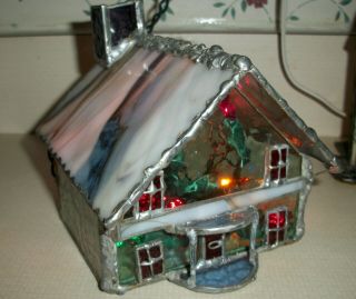 Stained Glass Lighted " Holliday Alpine Cottage " One - Of - A Kind Handmade