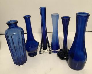 6 Vintage Cobalt Blue Glass Bud Vases 8” To 9” Tall