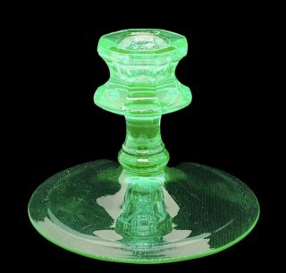 Vintage Fostoria Uranium Green Vaseline Glass Candlestick Holder 4.  75”w 3.  5”h