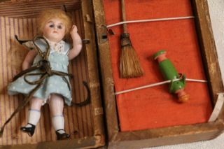 Antique German All Bisque Doll In Trunk W Broom & Doll 3 1/2 In Doll,  Wood Trunk