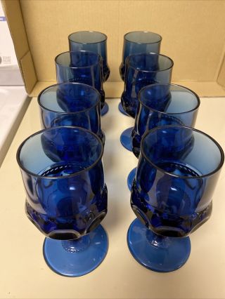 8 Kings Crown Tiara Thumbprint Cobalt Blue Glass Goblet 5 1/2 " Tall