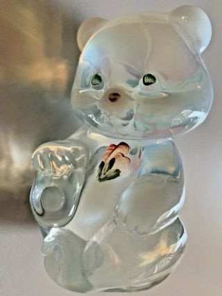 Cute Fenton Hand Painted Opalescent Bear With Pink Flower