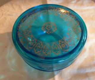 Vintage Peacock Blue L E Smith Viking Glass Powder Candy Dish Jar