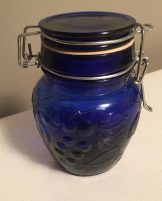 Vintage Embossed Cobalt Blue Glass Canister With Hinged Bale Wire Lid