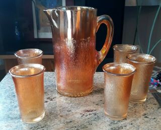 Vintage Imperial Marigold Carnival Glass Tree Bark Pattern Pitcher & 5 Tumblers