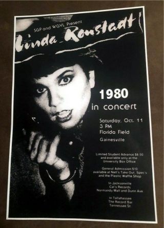 Linda Ronstadt Concert Poster October 11,  1980 Gainesville Florida Gators Field
