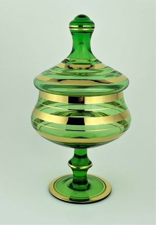 Green Glass Pedestal Candy Dish With Lid Gold Stripes
