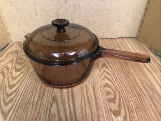 Vtg Visions Corning Ware 2.  5 L Amber Glass Sauce Pan Pot W/ Pyrex Lid Cookware