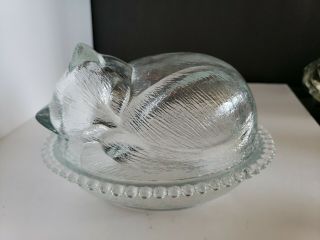 Vintage Indiana Glass Sleeping Cat On Basket Candy Trinket Dish With Lid