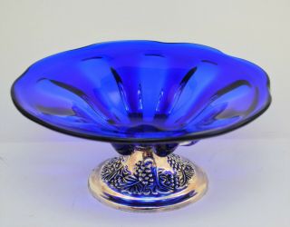 Vintage Cobalt Blue Glass Metal Footed Centerpiece Bowl Compote