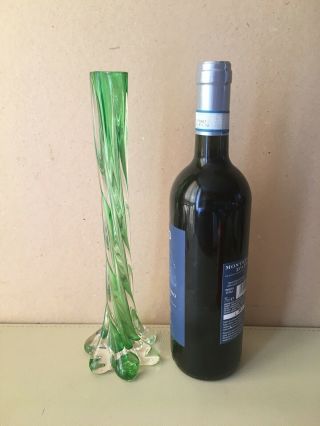 Vintage Green Glass Bud Vase Twisted Spiral Lobed Foot Base 29 Cm 0.  42 Kg