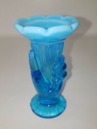Vintage Opalescent Blue Art Glass Liberty Hand Torch Bud Vase 3.  25 " Fenton