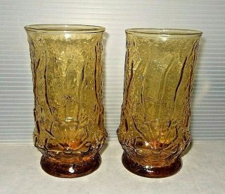 Vintage Anchor Hocking Amber Rainflower 16 Oz.  Iced Tea Glass Set Of 2 6 "
