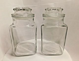 2 Vintage Anchor Hocking Square Glass Canisters With Lids 9 " Tall