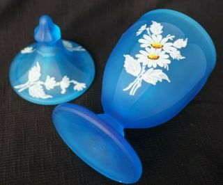 Vintage Westmoreland Blue Satin Glass Lidded Candy Pot Hand Painted Daisies