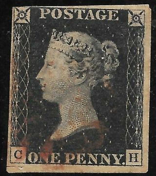 Gb 1840 Stamp 1d.  Penny Black,  M - 4 (touching On 1 Corner),  Letters Ch,  Red Mc