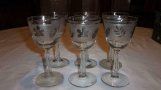 6 Mid - Century Libbey Silver Leaf Frosted Small Cocktail Stemmed Wine Glasses