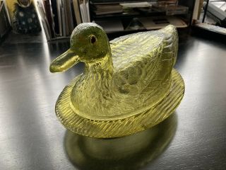 Tiffin (Ohio) Glass Citron Green DUCK ON A NEST with glass eyes 2