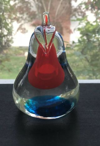 Vintage Pear Fruit Hand Blown Glass Paperweight Blue,  Red,  Clear/ Some Bubbles