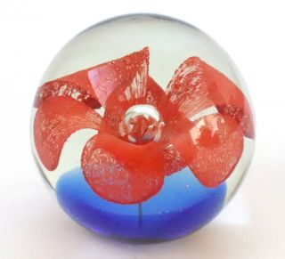 Vintage Hand Blown Art Glass Round Bubbled Paperweight Red Orange Flower