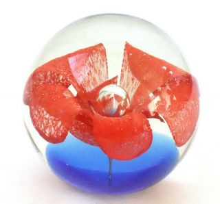 Vintage Hand Blown Art Glass Round Bubbled Paperweight Red Orange Flower 2