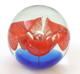 Vintage Hand Blown Art Glass Round Bubbled Paperweight Red Orange Flower 3