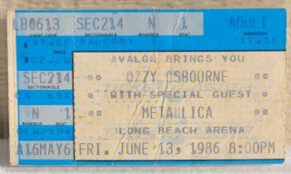 Vintage Metallica (cliff Burton) Ozzy Osbourne Concert Ticket Stub 6/13/1986 Old