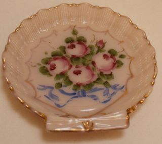 Vintage Cambridge Pink Glass Hand Painted Crown Tuscan Shell Dish Euc