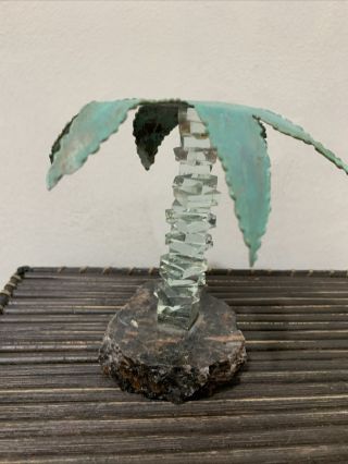 Green Stacked Glass Palm Tree With Metal Fronds And Stone Base 5”