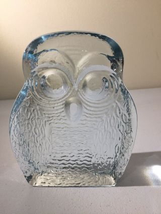 Midcentury Blenko Clear Glass Owl Bookend Paperweight