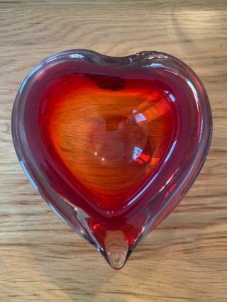 Vintage Murano Sommerso Art Glass Heart Shaped Bowl Dish Orange Red